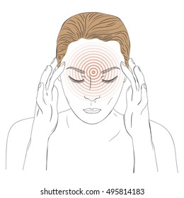 Vector illustration with woman suffering from pain in the head