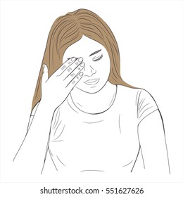 Vector illustration with woman suffering from pain in the head. Woman in stress. Headache. 