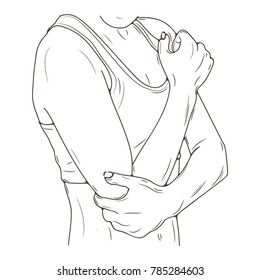 Vector illustration with woman suffering from pain in the elbow. Pain in hand. Graphic vector illustration. Sketch. 