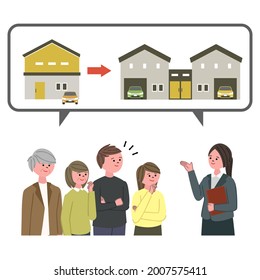 Vector illustration of a woman in a suit guided with people considering a two-family home