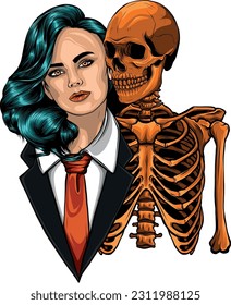 vector illustration of woman in suit with human skeleton