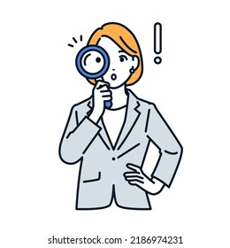 Vector illustration of a woman in a suit looking through a magnifying glass to discover something