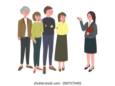 Vector illustration of woman in suit and people thinking