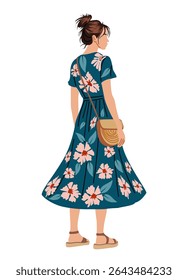 Vector illustration of woman in summer floral dress and sandals, standing rear view. Stylish, feminine, and casual fashion look. Isolated on white background. Seasonal outfit concept