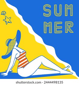 Vector illustration of woman sunbathing and relaxing on the beach, summer vibes concept. Outline, hand drawn sketch.  