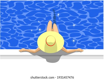 vector illustration of a woman sunbathing and soaking in a swimming pool wearing a hat in summer