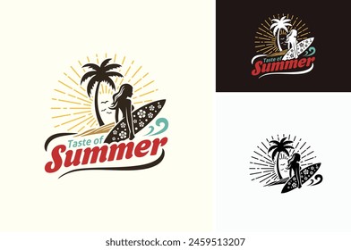 Vector illustration of Woman with Surfboard, Palm Coconut Tree, Beach Sand, Sea Waves and Sun Rays Silhouette for Tropical Summer Surf logo design