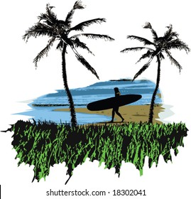 A vector illustration of a woman surfer on the beach