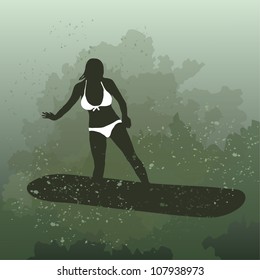 Vector illustration of woman surfing on board