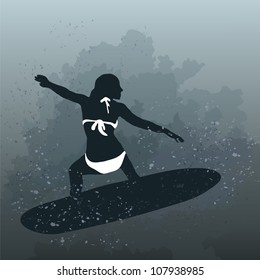 Vector illustration of woman surfing on board