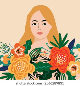 Vector illustration of a woman surrounded by flowers. Perfect for spring themes, International Women's Day, feminism, women's empowerment, gender equality, beauty, nature, growth, and more.