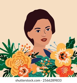 Vector illustration of a woman surrounded by flowers. Perfect for spring themes, International Women's Day, feminism, women's empowerment, gender equality, beauty, nature, growth, and more.