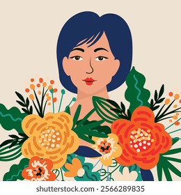 Vector illustration of a woman surrounded by flowers. Perfect for spring themes, International Women's Day, feminism, women's empowerment, gender equality, beauty, nature, growth, and more.