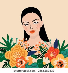 Vector illustration of a woman surrounded by flowers. Perfect for spring themes, International Women's Day, feminism, women's empowerment, gender equality, beauty, nature, growth, and more.