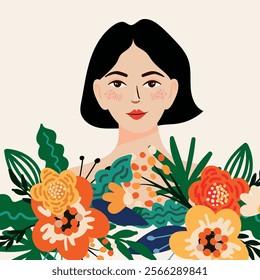 Vector illustration of a woman surrounded by flowers. Perfect for spring themes, International Women's Day, feminism, women's empowerment, gender equality, beauty, nature, growth, and more.