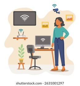Vector illustration of a woman surrounded by WiFi-enabled devices in a smart home workspace. Modern lifestyle using information technology and wireless internet