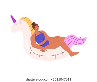 Vector illustration of a woman in a swimsuit lying on a unicorn float. Summer leisure of the character in the water park. Flat cartoon style. Isolated background.