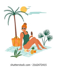 Vector illustration of woman in swimsuit on tropical beach. Summer holliday, vacation, travel. Design element for summer concept and other use.