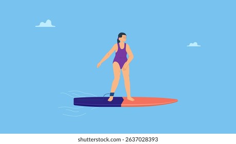Vector illustration of a woman in swimwear learning to surf on foam in the ocean. Happy surfer in beach wear with surfboard isolated. Summer holiday vacation and travel.