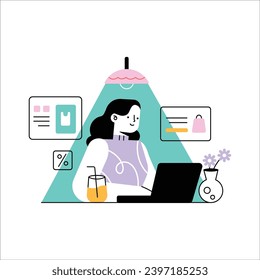 Vector illustration of a woman taking care of her laptop. Flat style.