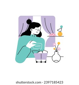 Vector illustration of a woman taking care of her home. Flat style.