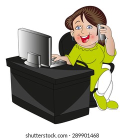 Vector illustration of woman talking on cell phone and using computer.