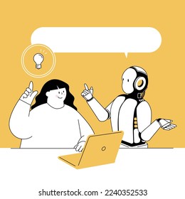 Vector illustration of a woman talking to a robot to get ideas.
