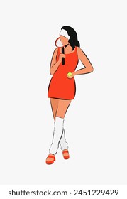 Vector illustration of a woman with a tennis racket and a tennis ball. A woman in an orange dress, headband and leg warmers.