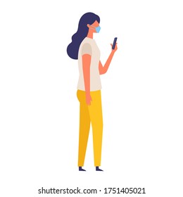 Vector illustration of the woman texting while walking with a surgical mask.
The illustration for the topic of coronavirus, flu and cold. Vector illustration in flat style.