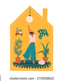 Vector illustration of woman that dancing, doing exercise in social distancing period during quarantine. Cute modern house interior. Concept of Stay home and enjoying life in flat style