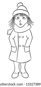 vector illustration of a woman with a thick coat, a scarf and a cap that freezes