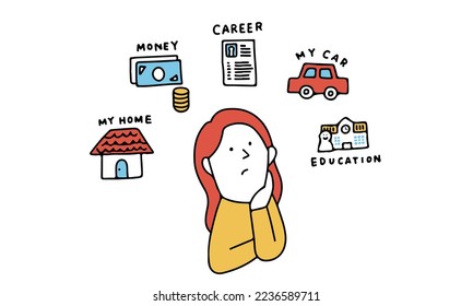 Vector illustration of woman thinking about my home, money, career, my car, education.