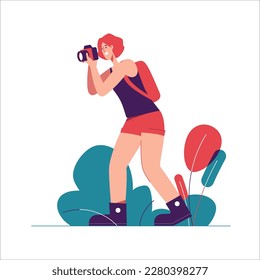 Vector illustration of woman tourist traveler with backpack taking photo with camera.