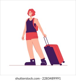 Vector illustration of woman tourist traveler with backpack and suitcase.