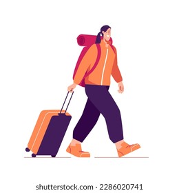 Vector illustration of woman tourist traveler with backpack and suitcase.