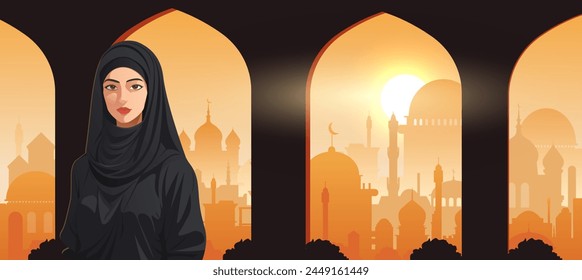 A vector illustration of a woman in traditional Islamic clothing against a sunset cityscape with mosques. Vector illustration