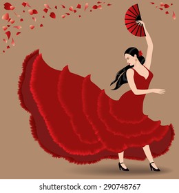 Vector illustration of a woman in a traditional red dress dancing flamenco 