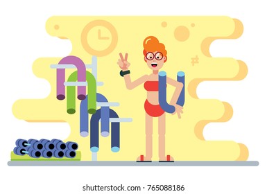 Vector illustration of woman training aqua fitness to healthy class in swimm pool. Trainer flat style design element. Aqua aerobics trainer with barbells and noodles in water sport center.