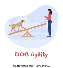 Vector illustration Woman training her dog on agility field. Playing together. Dog Agility Competition. Hurdles course event. Dog training center. Sport Equipment. Handler Pet Obstacle Exercise People