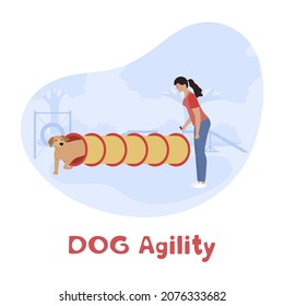 Vector illustration Woman training her dog on agility field. Playing together. Dog Agility Competition. Hurdles course event. Dog training center. Sport Equipment. Handler Pet Obstacle Exercise People