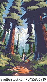 A vector illustration of a woman trekking in a pine forest in a national park with the farther background of beautiful mounts.