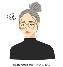 Vector illustration of a woman with a troubled expression. A woman with her hair up.