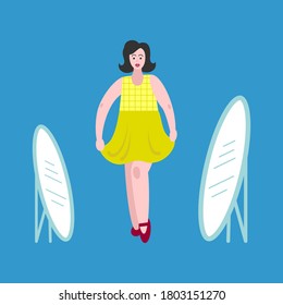 Vector illustration of a woman try on dress and admires in the mirror