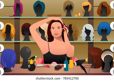 A vector illustration of Woman Trying On Wig