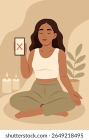 Vector illustration of a woman turning off her phone during meditation and yoga. Concept of digital detox, mindfulness and inner balance. Warm palette, flat design. For women's health projects