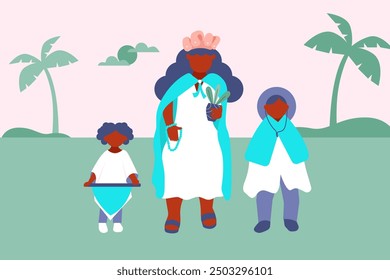 Vector illustration of a woman and two children at a Congado festivity in Brazil: dressed in traditional blue attire, celebrating this Afro-Brazilian cultural and religious event.