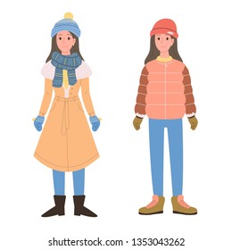Vector illustration of woman in two winter outfit. Isolated character in clothes for cold season. Hand drawn flat art