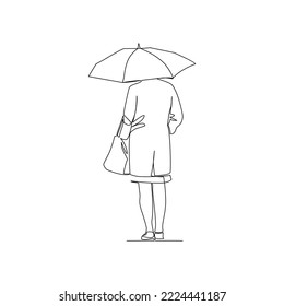 Vector illustration of woman with umbrella drawn in line-art style
