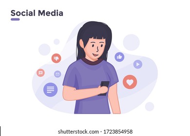 vector illustration woman use mobile smartphone to see social media internet with love like chat buttons concept. people with smartphones technology life. can use for banner poster web site ui ux blog