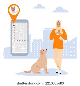 Vector Illustration Woman Uses Application On Cell Phone For Search The Nearest Pet Shop. Pet Supplies Store. Dog Food. Digital Online Search. Route. People. Location. Map App